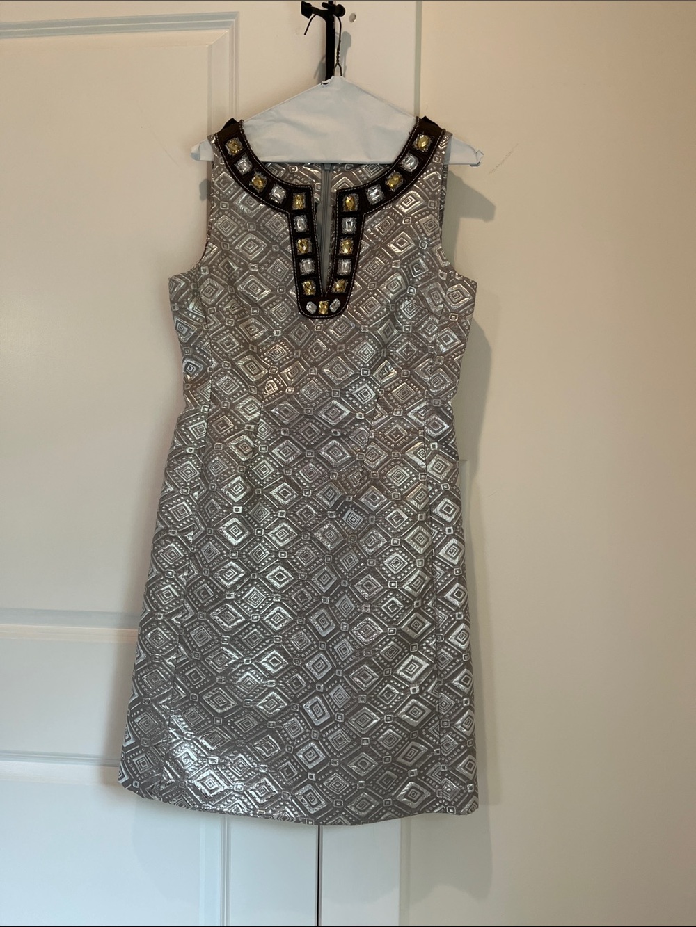 Tory Burch Silver Metallic Embellished-Neckline Mini Dress